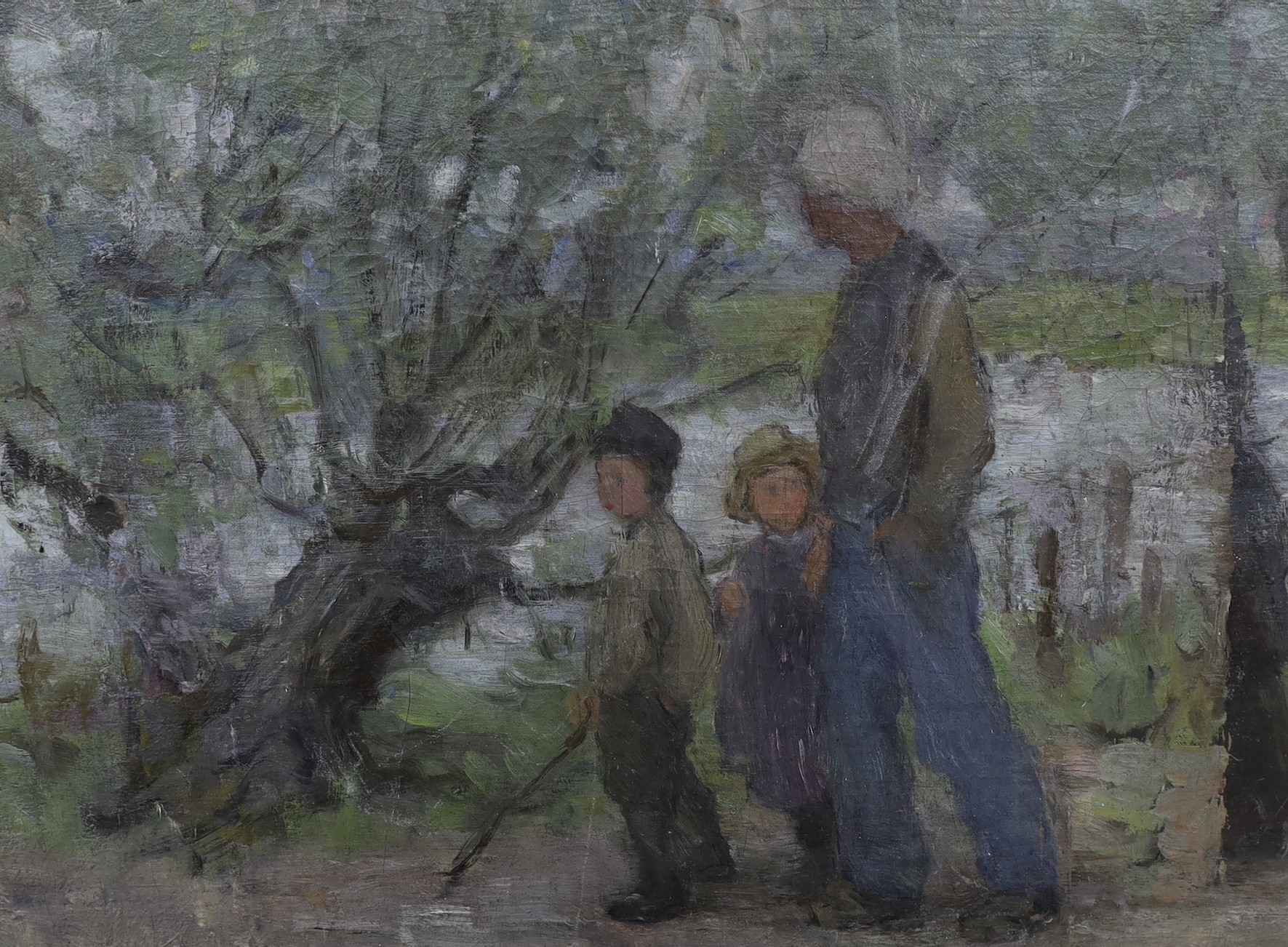 Early 20th century Dutch School, oil on canvas, Father and children walking beside willow trees, 38 x 52cm, unframed